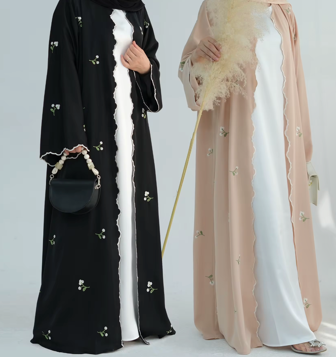 Floral Embroidered Open Abaya – Elegant Scalloped Trim Modest Maxi