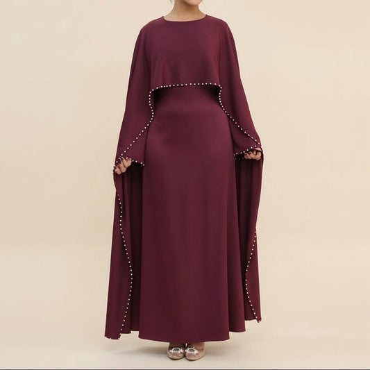 Luxury Pearl Trim Abaya – Elegant Cape Sleeve Adjustable Modest Maxi Dress