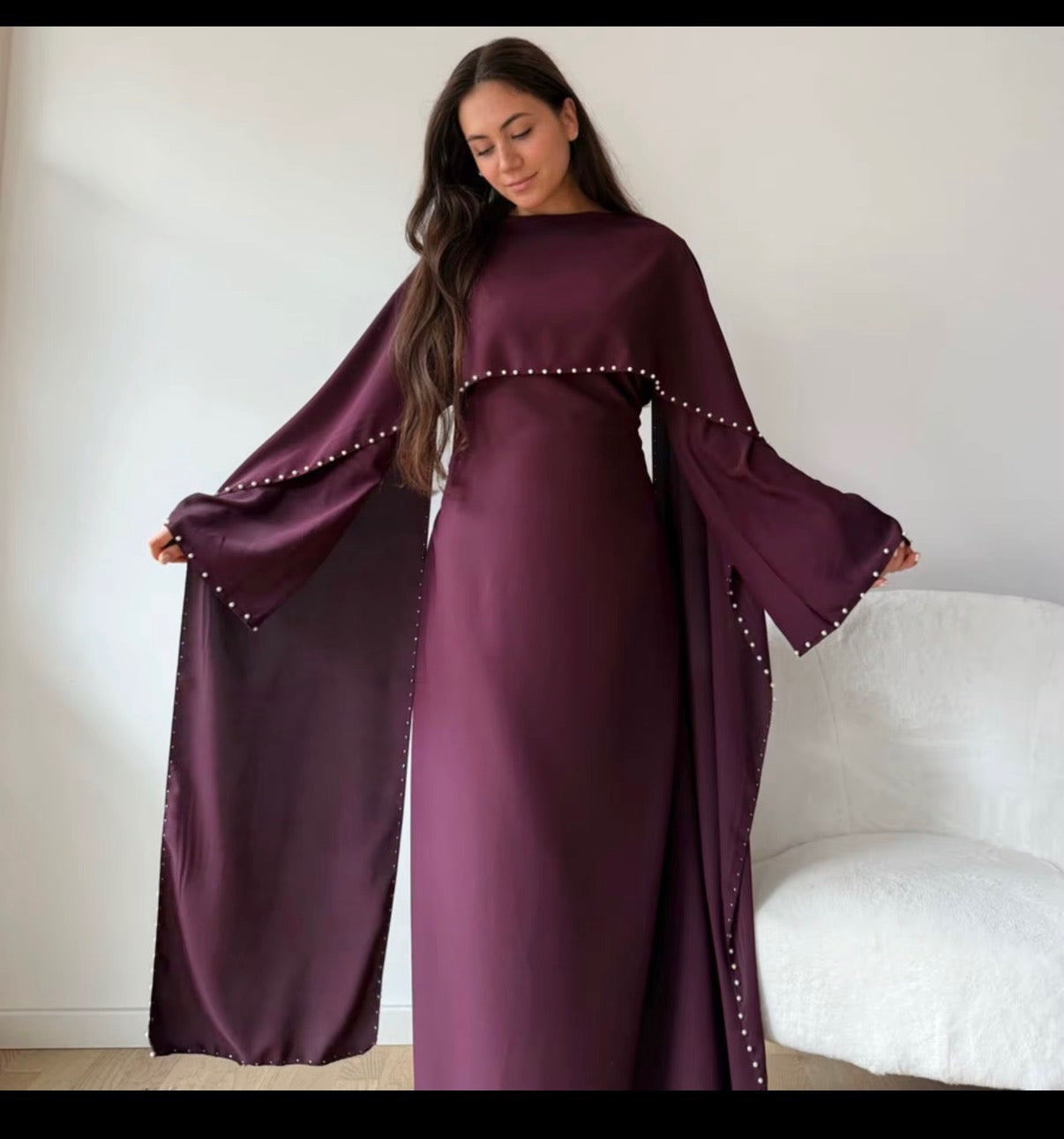Luxury Pearl Trim Abaya – Elegant Cape Sleeve Adjustable Modest Maxi Dress
