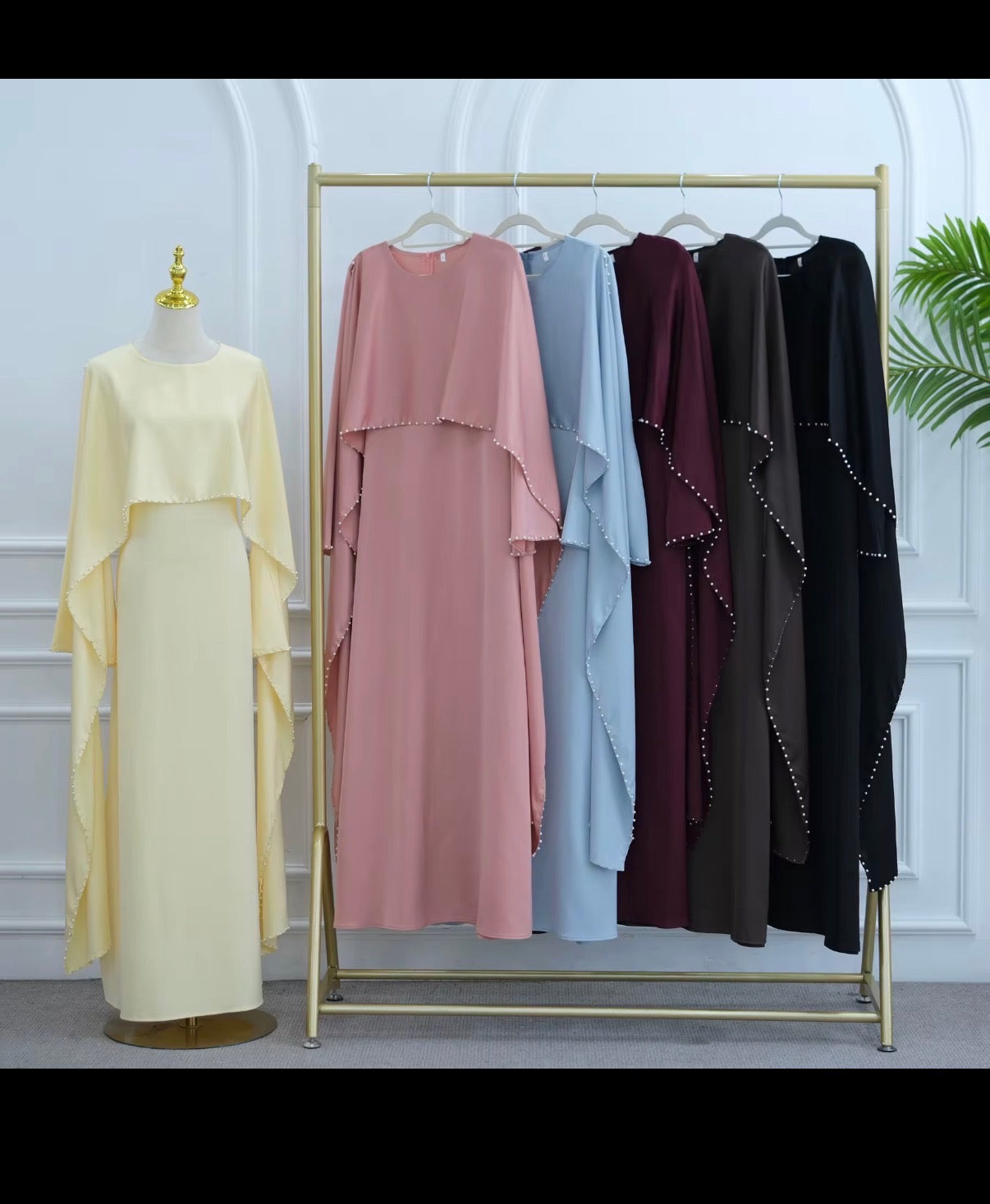 Luxury Pearl Trim Abaya – Elegant Cape Sleeve Adjustable Modest Maxi Dress