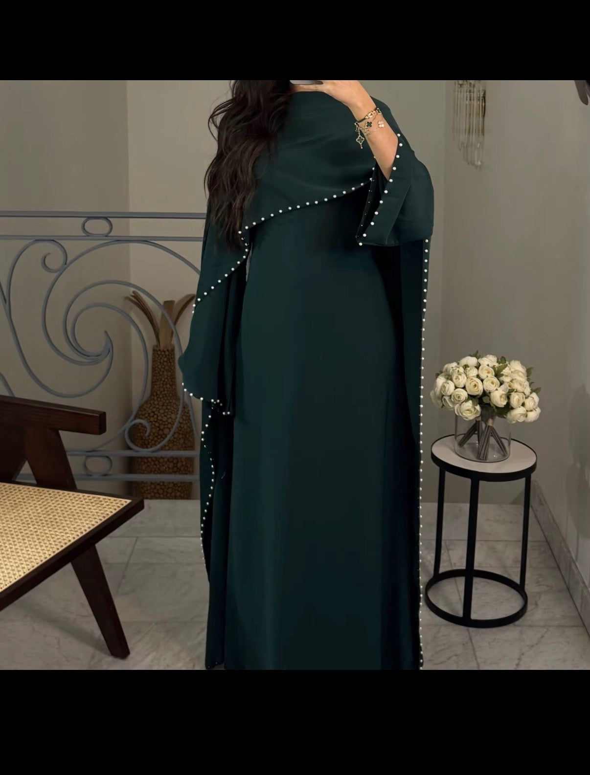 Luxury Pearl Trim Abaya – Elegant Cape Sleeve Adjustable Modest Maxi Dress