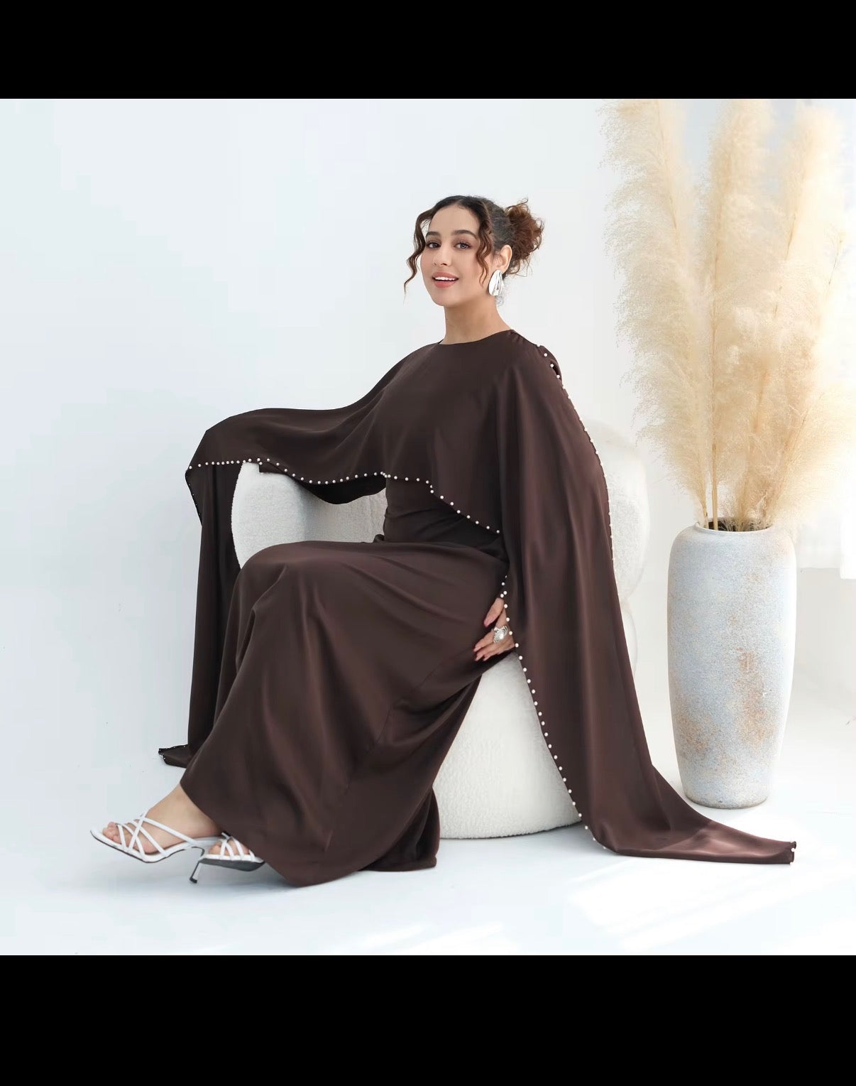 Luxury Pearl Trim Abaya – Elegant Cape Sleeve Adjustable Modest Maxi Dress