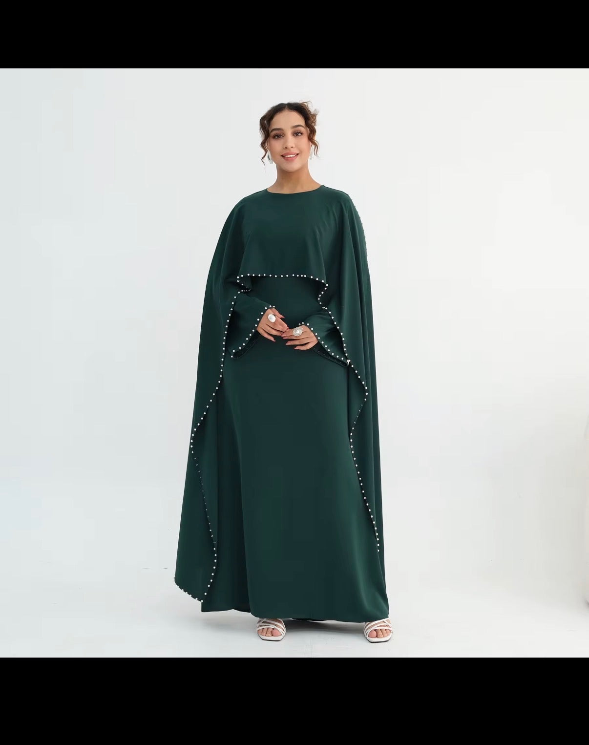 Luxury Pearl Trim Abaya – Elegant Cape Sleeve Adjustable Modest Maxi Dress