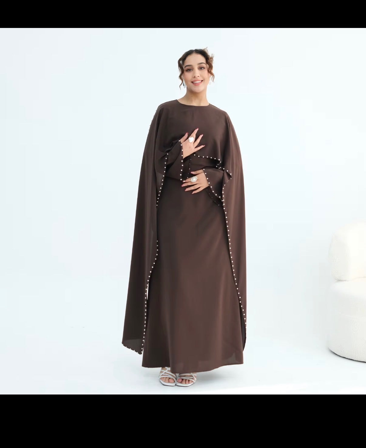 Luxury Pearl Trim Abaya – Elegant Cape Sleeve Adjustable Modest Maxi Dress