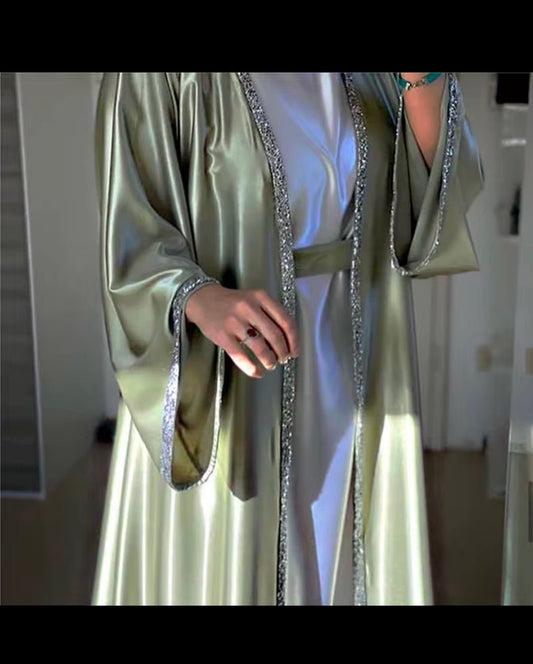 Satin Beaded Sleeve Abaya and Belt.