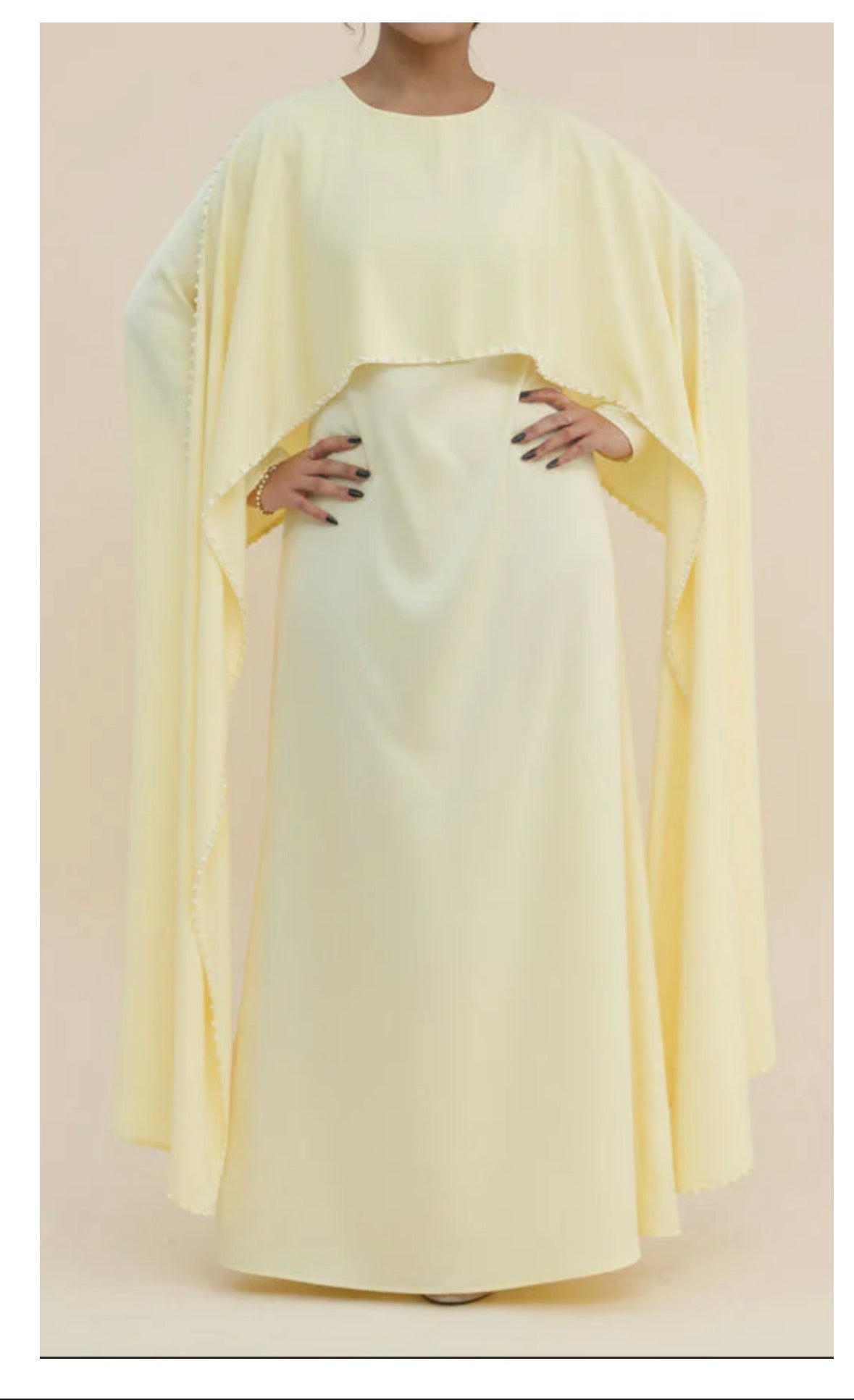 Luxury Pearl Trim Abaya – Elegant Cape Sleeve Adjustable Modest Maxi Dress