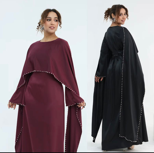 Luxury Pearl Trim Abaya – Elegant Cape Sleeve Adjustable Modest Maxi Dress