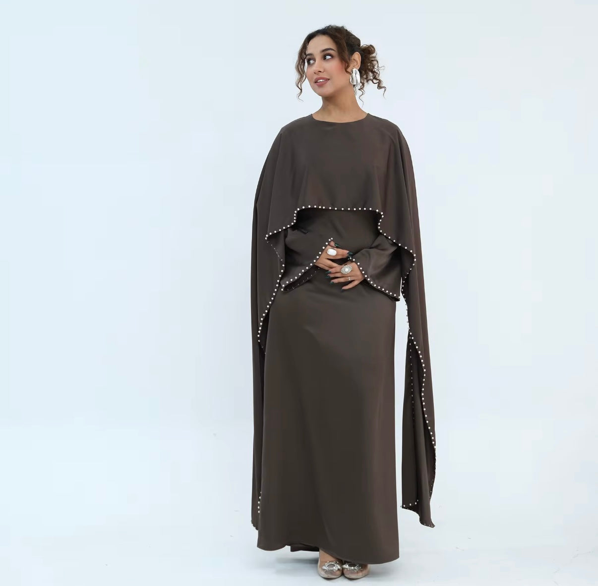 Luxury Pearl Trim Abaya – Elegant Cape Sleeve Adjustable Modest Maxi Dress